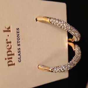Piper K Gold Hoop Earrings with Clear Crystal Pave Brand New Rt Te